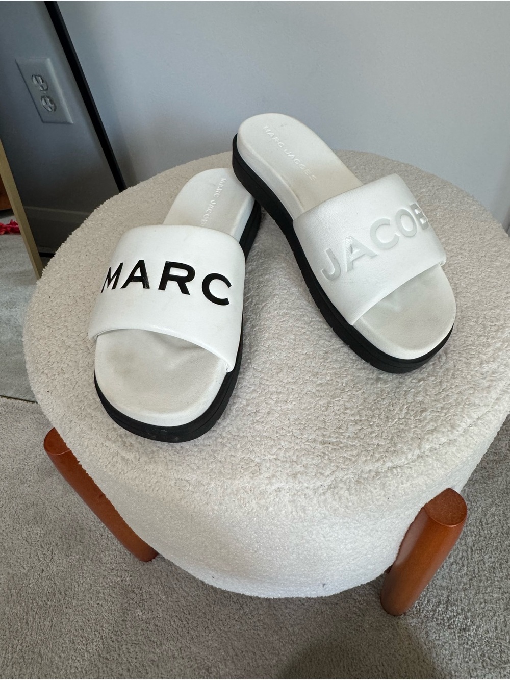 Marc Jacobs White and Black Logo Slide Sandals